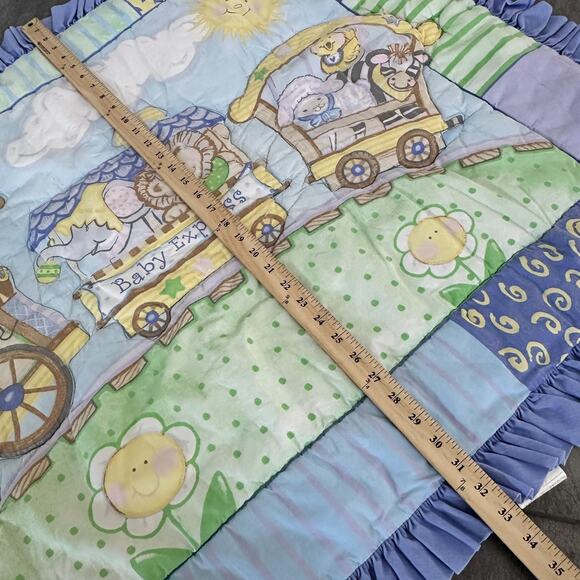 Baby Express Quilt Blanket Blue Ruffle Patchwork Animals Train Nursery Decor - Picture 6 of 11
